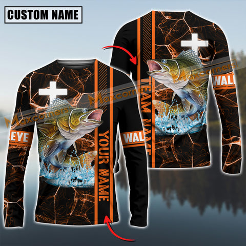 Maxcorners Walleye Fishing Orange Cross Pattern Sun Protection Personalized Name And Team Name Long Sweat Shirt