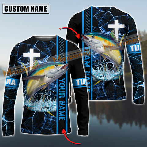 Maxcorners Tuna Fishing Blue Cross Pattern Sun Protection Personalized Name And Team Name Long Sweat Shirt