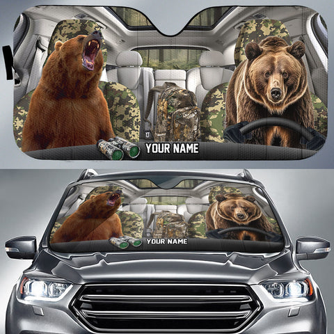 Maxcorners Bear Hunting Driving Camo Pattern Custom Name All Over Printed 3D Car Sun Shade