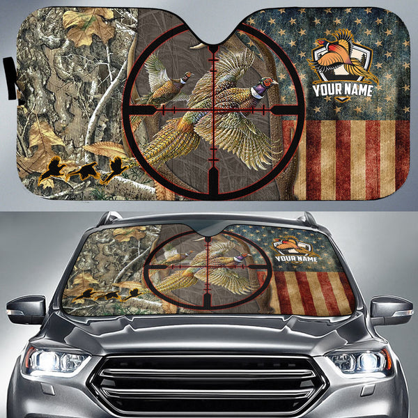 Maxcorners Pheasant Hunting USA Flag Camo Pattern Custom Name All Over Printed 3D Car Sun Shade