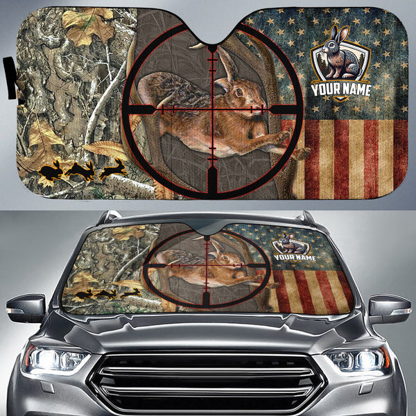 Maxcorners Rabbit Hunting USA Flag Camo Pattern Custom Name All Over Printed 3D Car Sun Shade