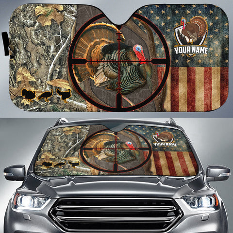 Maxcorners Turkey Hunting USA Flag Camo Pattern Custom Name All Over Printed 3D Car Sun Shade