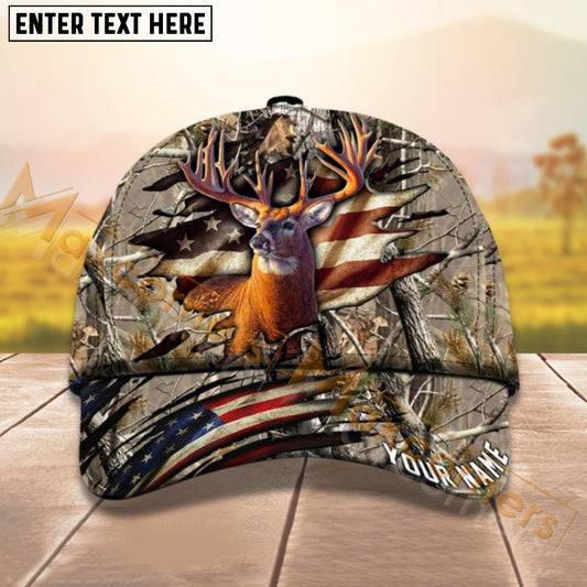 Maxcorners Deer Hunting USA Flag Crack Camo Pattern Personalized Name 3D Cap For Deer Hunter (8 colors)
