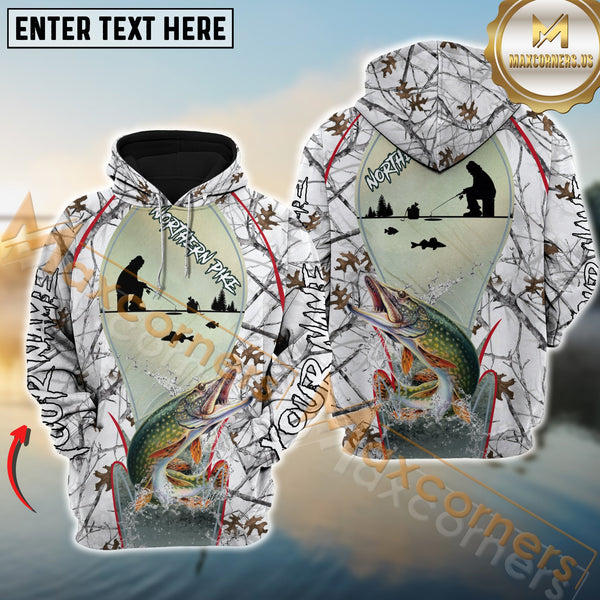 Maxcorners Northern PikeFishing Winter While Camouflage Pattern Pro Sport Jersey Personalized Name And Team Name Ice Fishing Hoodie Shirt