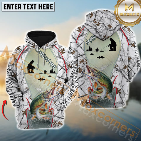 Maxcorners Northern PikeFishing Winter While Camouflage Pattern Pro Sport Jersey Personalized Name And Team Name Ice Fishing Hoodie Shirt