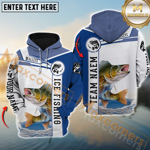 Maxcorners Walleye Fishing Blue Pattern Pro Sport Jersey Personalized Name And Team Name Ice Fishing Hoodie Shirt