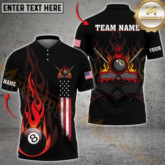 Maxcorners Billiard 8 Ball Flame American Flag Multicolor Options Personalized Name, Team Name 3D Polo Shirt (4 Colors)