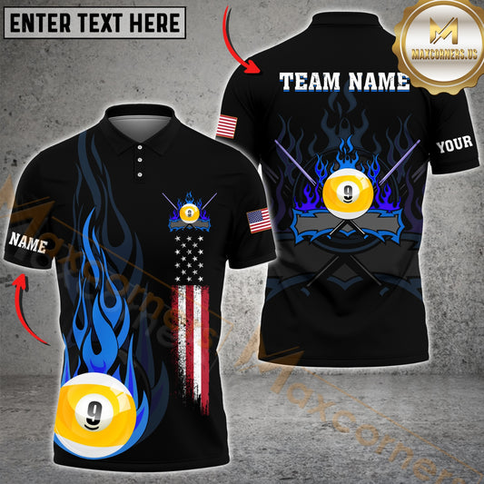 Maxcorners Billiard 9 Ball Flame American Flag Multicolor Options Personalized Name, Team Name 3D Polo Shirt (4 Colors)