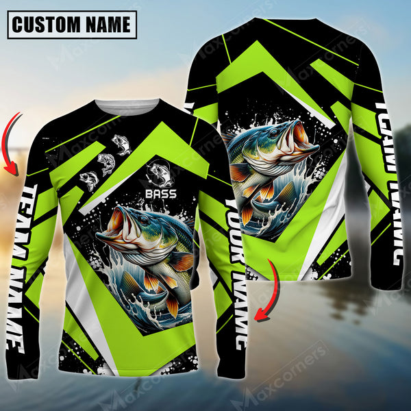 Maxcorner Bass Fishing  Jersey Green Line Pattern Personalized 3D Long Sleeve Shirt