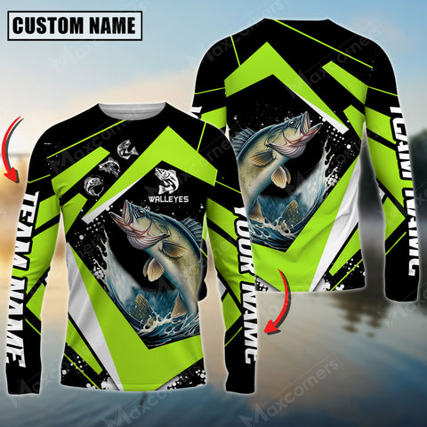 Maxcorner Walleye Fishing  Jersey Green Line Pattern Personalized 3D Long Sleeve Shirt