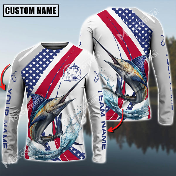 Maxcorner Marlin Fishing USA Flag Grey Pattern Personalized 3D Long Sleeve Shirt