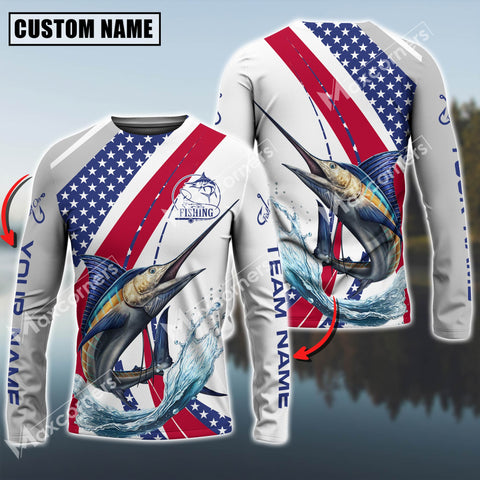 Maxcorner Marlin Fishing USA Flag Grey Pattern Personalized 3D Long Sleeve Shirt