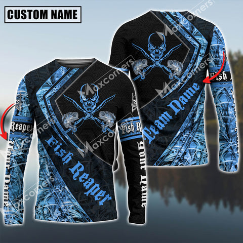 Maxcorner Bass Fishing Fishing Rapper Blue Camo Pattern Personalized 3D Long Sleeve Shirt