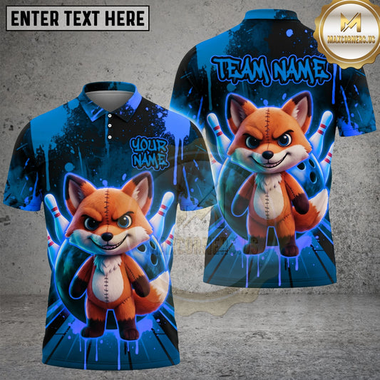 Maxcorners Bowling Fox Polo Shirt Cute Fierce Fox Character Bowling Pins Design Multi Options Personalized Name, Team Name Unisex 3D Shirt (4 Colors)