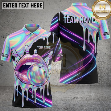 Maxcorners Bowling Lips Polo Shirt Iridescent Lips and Bowling Ball Neon Glow Design Multi Options Personalized Name, Team Name Unisex 3D Shirt