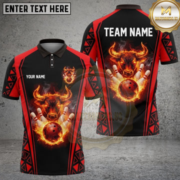 Maxcorners Bowling Bull Lightning Strike Design Fiery Bowling Ball & Pins Personalized Name & Team Edition Multi Options Personalized Name, Team Name Unisex 3D Shirt (4 Colors)