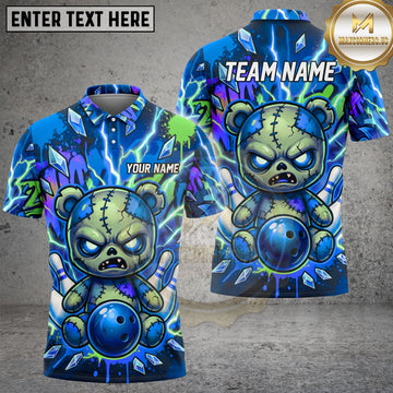 Maxcorners Bowling Zombie Teddy Bear Lightning Graffiti Splatter Bowling Ball Pins Multi Options Personalized Name, Team Name Unisex 3D Shirt (4 Colors)
