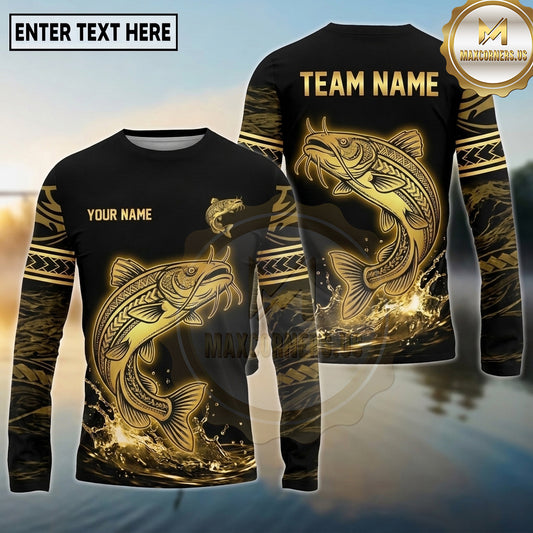 Maxcorners Fishing Black Gold Tribal Water Splash Design Custom Name & Team Name 3D Shirts (13 Breeds)