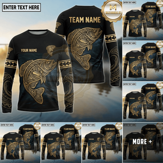Maxcorners Fishing Black Teal Gold Tribal Ocean Design Custom Name & Team Name 3D Shirts (13 Breeds)