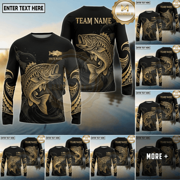 Maxcorners Fishing Black Gold Tribal Ocean Wave Design Custom Name & Team Name 3D Shirts (13 Breeds)