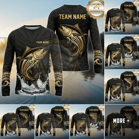 Maxcorners Fishing Black Gold Tribal Wave Design Custom Name & Team Name 3D Shirts (13 Breeds)