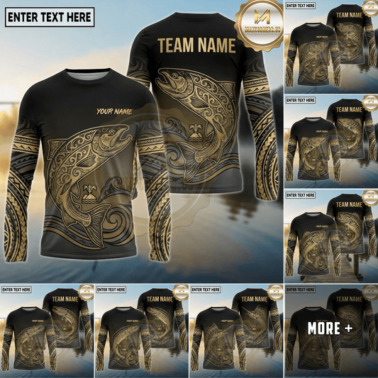 Maxcorners Fishing Black Teal Gold Tribal Splash Design Custom Name & Team Name 3D Shirts (13 Breeds)
