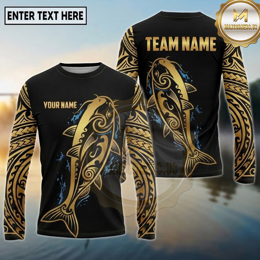Maxcorners Fishing Black Gold Blue Splash Tribal Pike Design Custom Name & Team Name 3D Shirts (13 Breeds)