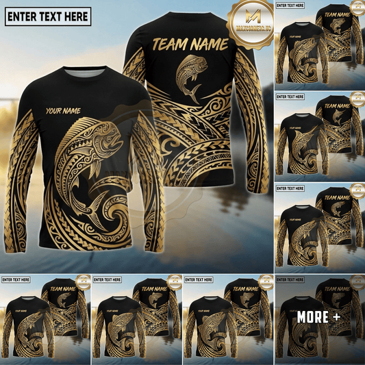 Maxcorners Fishing Black Gold Polynesian Wave Design Custom Name & Team Name 3D Shirts (13 Breeds)