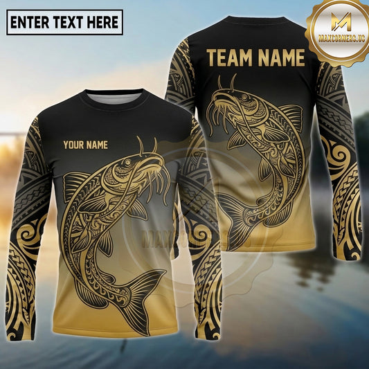 Maxcorners Fishing Black Gold Gradient Tribal Design Custom Name & Team Name 3D Shirts (13 Breeds)