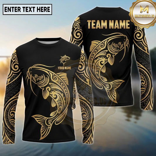 Maxcorners Fishing Black Gold Tribal Swirl Design Custom Name & Team Name 3D Shirts (13 Breeds)
