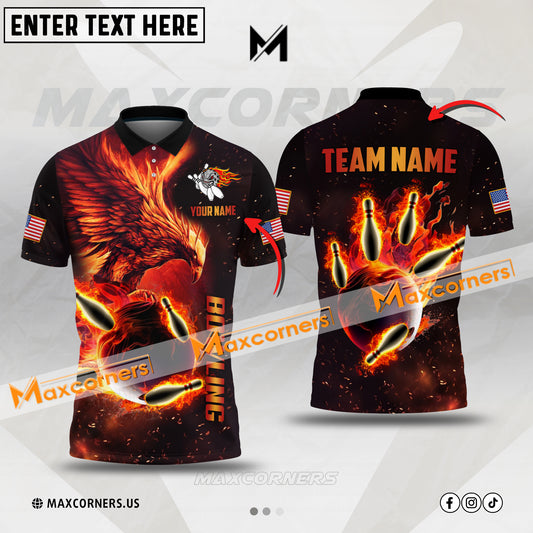 Maxcorners Bowling & Pins Eagle Pattern Multicolor Option Customized Name, Team Name 3D Polo Shirt (4 Colors)