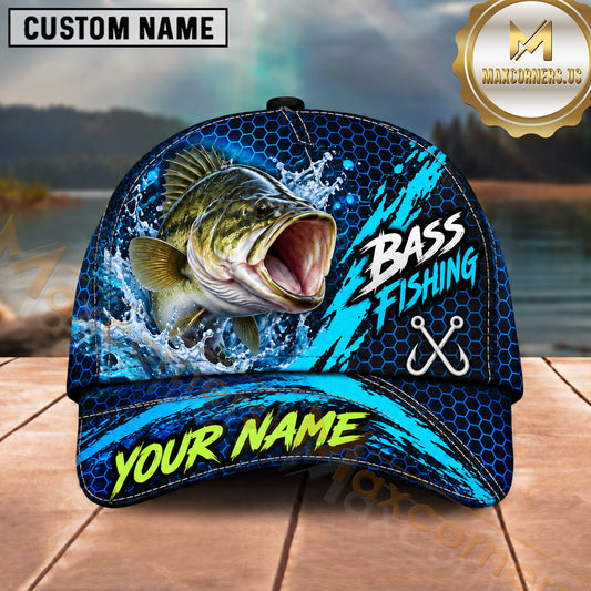 Maxcorners Fishing Blue Splash Honeycomb Pattern Brush Strokes Fish Hooks Personalized Name Unisex Classic Cap