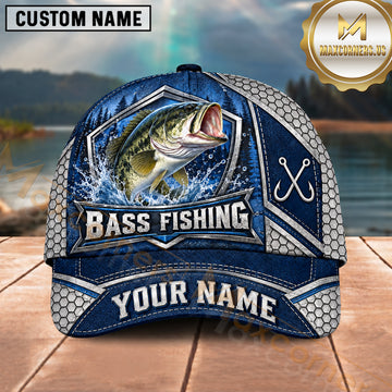 Maxcorners Fishing Silver Metal Frame Honeycomb Grid Navy Blue Water Splash Fish Hooks Personalized Name Unisex Classic Cap