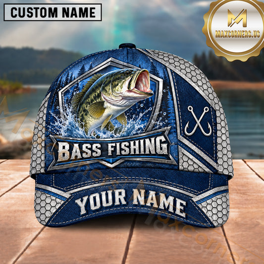 Maxcorners Fishing Silver Metal Frame Honeycomb Grid Navy Blue Water Splash Fish Hooks Personalized Name Unisex Classic Cap