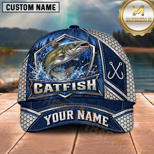 Maxcorners Fishing Silver Metal Frame Honeycomb Grid Navy Blue Water Splash Fish Hooks Personalized Name Unisex Classic Cap