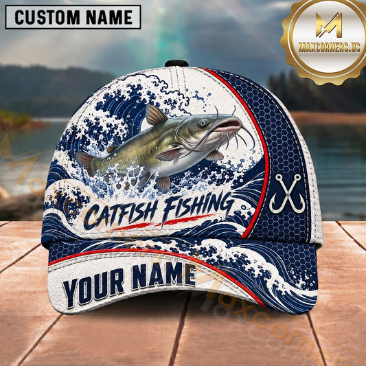 Maxcorners Fishing Japanese Ocean Wave Water Splash Honeycomb Grid Fish Hooks Personalized Name Unisex Classic Cap