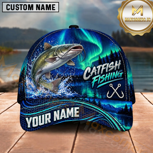 Maxcorners Fishing Northern Lights Aurora Green Night Sky Water Splash Fish Hooks Personalized Name Unisex Classic Cap