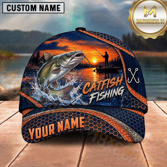 Maxcorners Fishing Sunset Angler Silhouette Honeycomb Grid Orange Splash Fish Hooks Personalized Name Unisex Classic Cap
