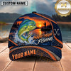 Maxcorners Fishing Sunset Angler Silhouette Honeycomb Grid Orange Splash Fish Hooks Personalized Name Unisex Classic Cap