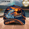 Maxcorners Fishing Sunset Angler Silhouette Honeycomb Grid Orange Splash Fish Hooks Personalized Name Unisex Classic Cap