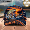 Maxcorners Fishing Sunset Angler Silhouette Honeycomb Grid Orange Splash Fish Hooks Personalized Name Unisex Classic Cap