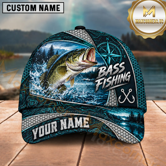 Maxcorners Fishing Nautical Compass Topo Map Blue Water Splash Honeycomb Grid Fish Hooks Personalized Name Unisex Classic Cap