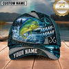 Maxcorners Fishing Nautical Compass Topo Map Blue Water Splash Honeycomb Grid Fish Hooks Personalized Name Unisex Classic Cap