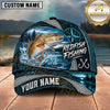 Maxcorners Fishing Nautical Compass Topo Map Blue Water Splash Honeycomb Grid Fish Hooks Personalized Name Unisex Classic Cap