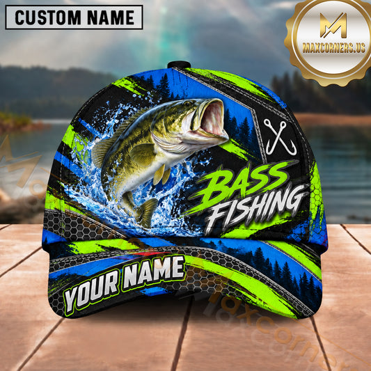 Maxcorners Fishing Neon Lime Green Blue Water Splash Honeycomb Grid Brush Strokes Fish Hooks Personalized Name Unisex Classic Cap