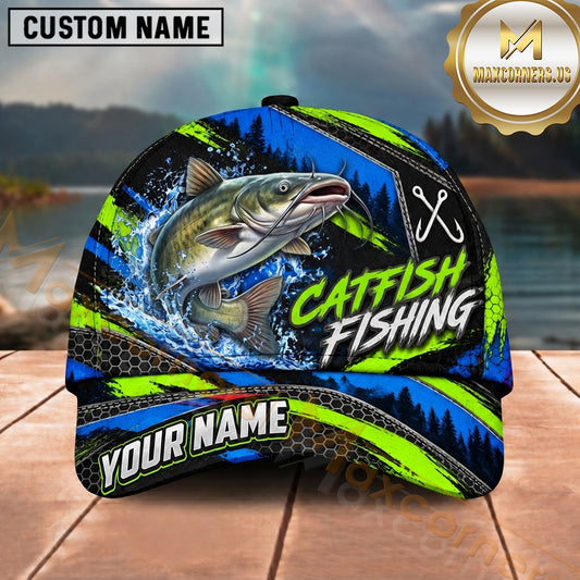 Maxcorners Fishing Neon Lime Green Blue Water Splash Honeycomb Grid Brush Strokes Fish Hooks Personalized Name Unisex Classic Cap