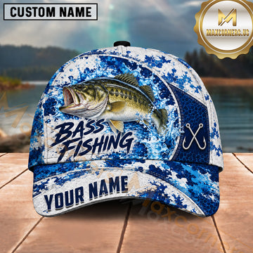 Maxcorners Fishing Blue White Camo Water Splash Honeycomb Grid Fish Hooks Personalized Name Unisex Classic Cap