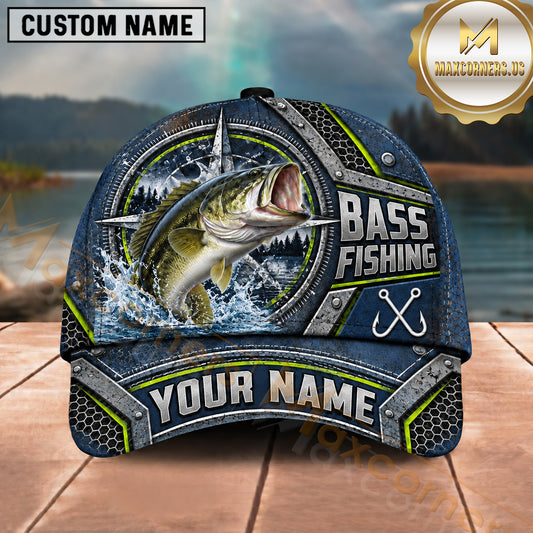 Maxcorners Fishing Compass Frame Metal Plate Honeycomb Pattern Fish Hooks Personalized Name Unisex Classic Cap