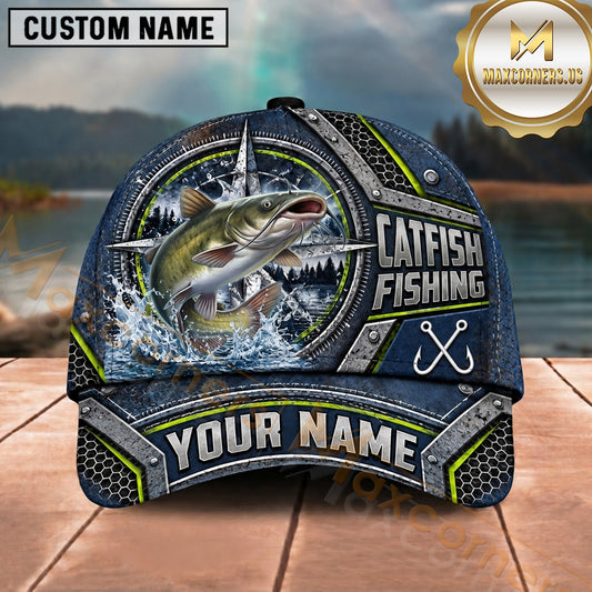 Maxcorners Fishing Compass Frame Metal Plate Honeycomb Pattern Fish Hooks Personalized Name Unisex Classic Cap