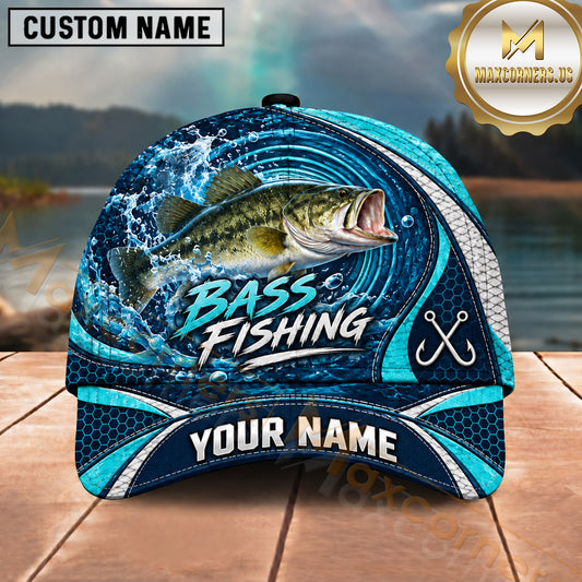 Maxcorners Fishing Water Ripple Splash Swirl Blue Fish Hooks Personalized Name Unisex Classic Cap